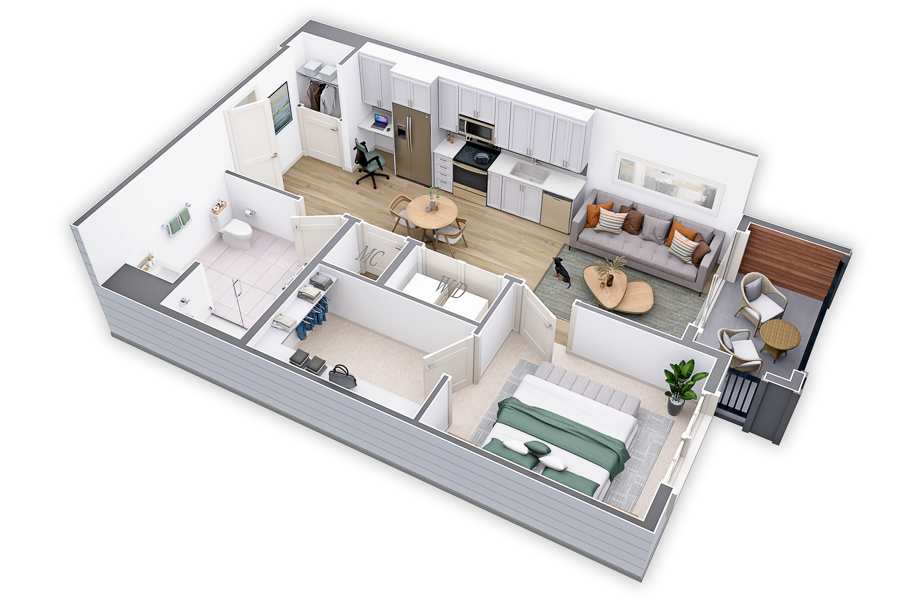 Floor plan for 1 bed, 1 bath, 673 sqft